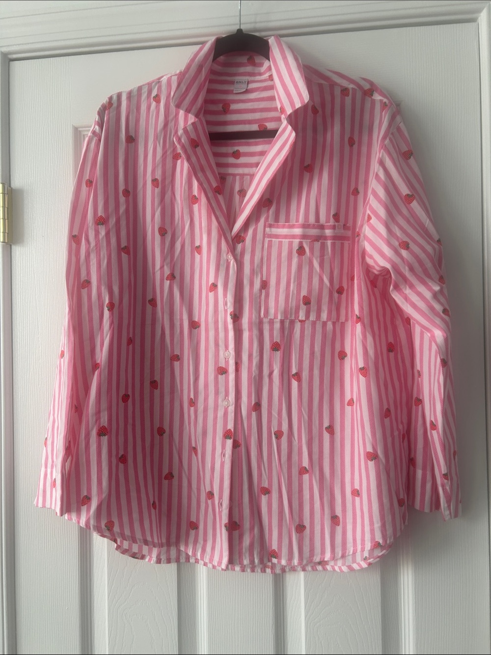 Women’s ' Pink Striped Button-Up Shirt with Strawberry Print